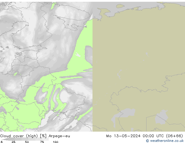 Cloud cover (high) Arpege-eu Mo 13.05.2024 00 UTC