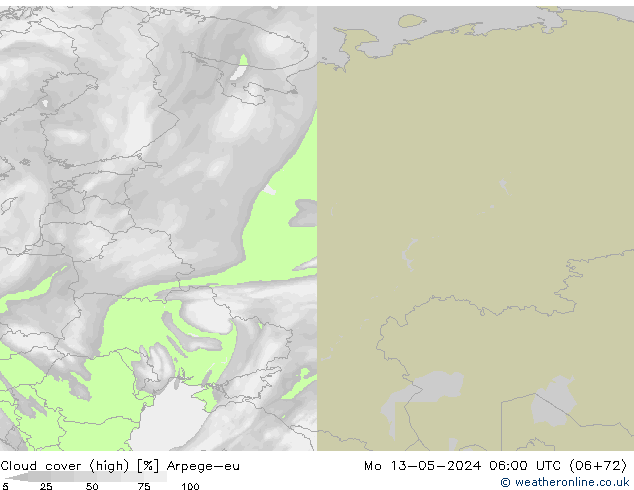 Cloud cover (high) Arpege-eu Mo 13.05.2024 06 UTC