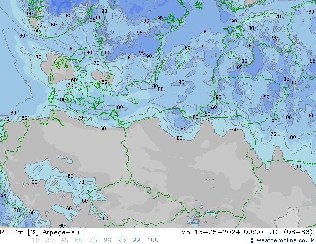 RH 2m Arpege-eu Mo 13.05.2024 00 UTC