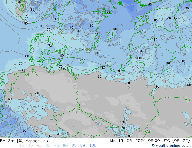 RH 2m Arpege-eu Mo 13.05.2024 06 UTC