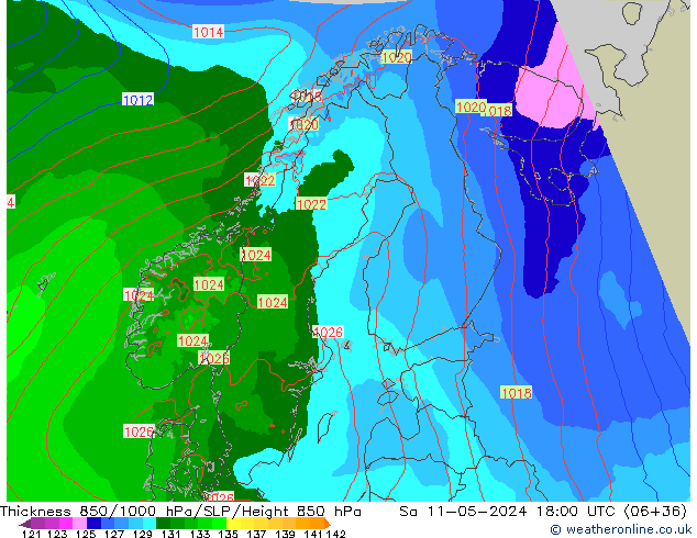 Schichtdicke 850-1000 hPa Arpege-eu Sa 11.05.2024 18 UTC