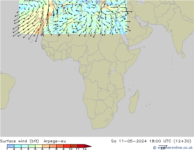 Surface wind (bft) Arpege-eu Sa 11.05.2024 18 UTC