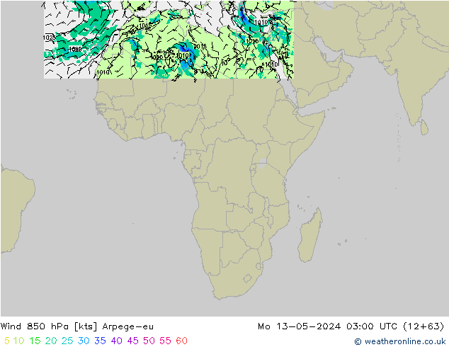 Wind 850 hPa Arpege-eu ma 13.05.2024 03 UTC