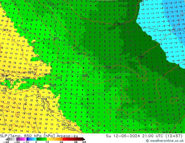 SLP/Temp. 850 hPa Arpege-eu dom 12.05.2024 21 UTC