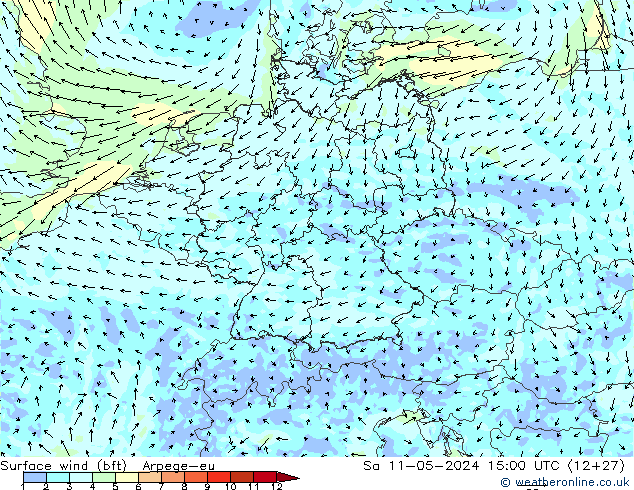 Vento 10 m (bft) Arpege-eu sab 11.05.2024 15 UTC