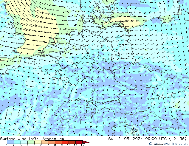Surface wind (bft) Arpege-eu Su 12.05.2024 00 UTC