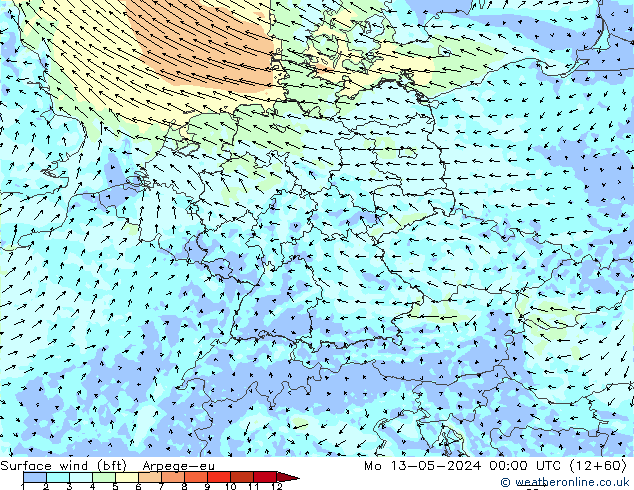 Surface wind (bft) Arpege-eu Mo 13.05.2024 00 UTC