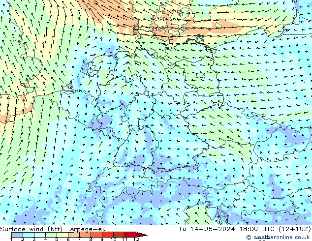 Surface wind (bft) Arpege-eu Tu 14.05.2024 18 UTC