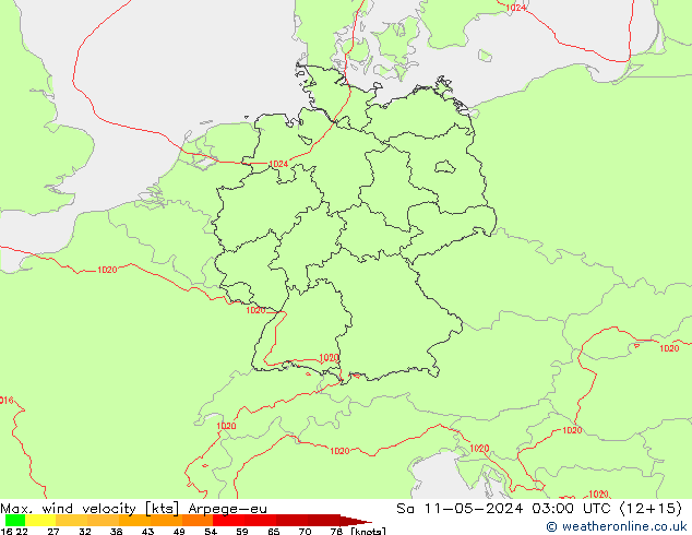 Max. wind velocity Arpege-eu Sa 11.05.2024 03 UTC