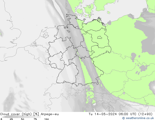 Cloud cover (high) Arpege-eu Tu 14.05.2024 06 UTC