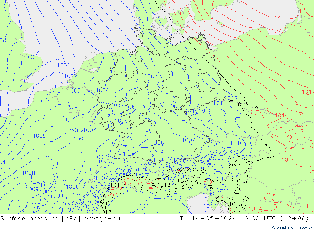 Surface pressure Arpege-eu Tu 14.05.2024 12 UTC