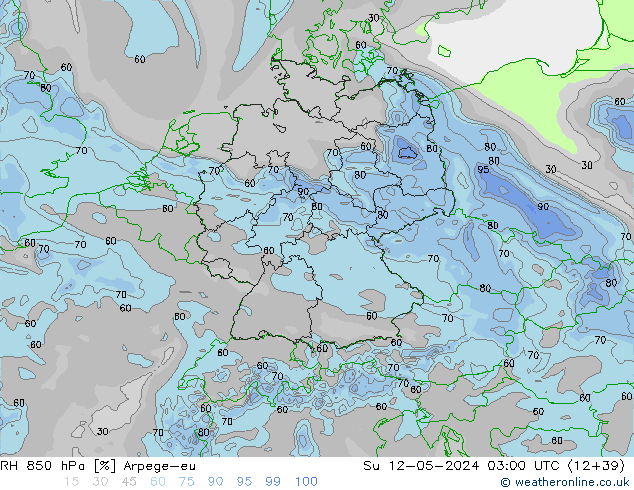 RH 850 гПа Arpege-eu Вс 12.05.2024 03 UTC