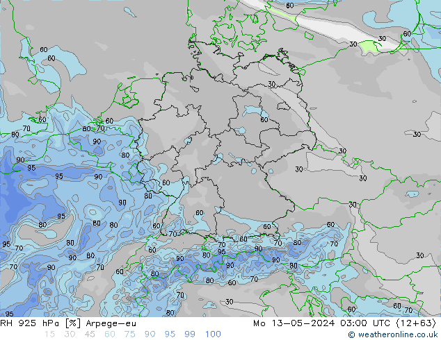 RH 925 hPa Arpege-eu pon. 13.05.2024 03 UTC