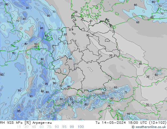 RH 925 hPa Arpege-eu Tu 14.05.2024 18 UTC