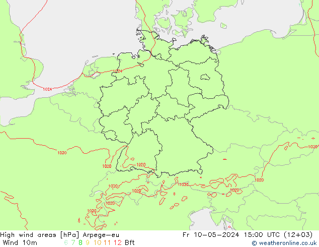 High wind areas Arpege-eu 星期五 10.05.2024 15 UTC