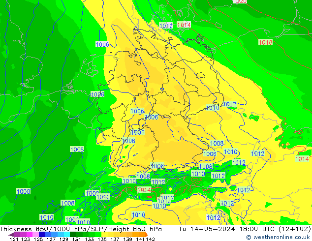 Thck 850-1000 гПа Arpege-eu вт 14.05.2024 18 UTC