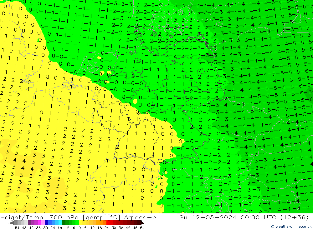 Height/Temp. 700 hPa Arpege-eu  12.05.2024 00 UTC