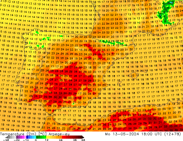 Temperatuurkaart (2m) Arpege-eu ma 13.05.2024 18 UTC