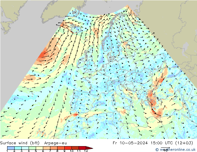 Wind 10 m (bft) Arpege-eu vr 10.05.2024 15 UTC