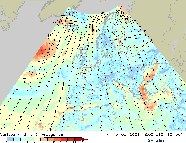 Bodenwind (bft) Arpege-eu Fr 10.05.2024 18 UTC