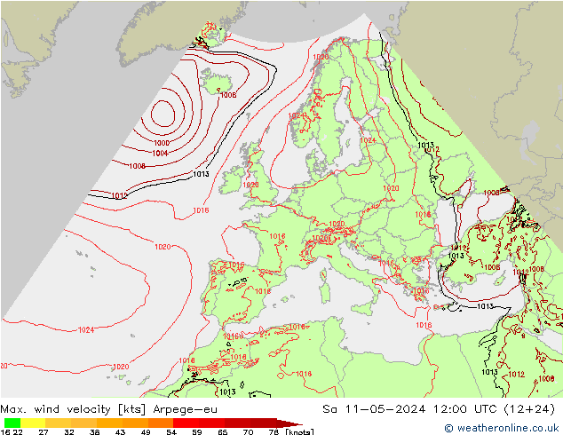 Max. wind velocity Arpege-eu Sa 11.05.2024 12 UTC