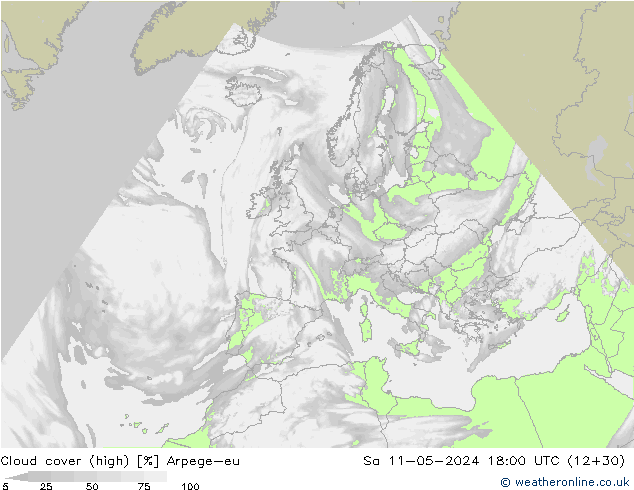 Cloud cover (high) Arpege-eu Sa 11.05.2024 18 UTC