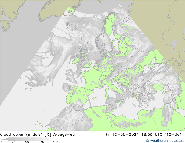 Cloud cover (middle) Arpege-eu Fr 10.05.2024 18 UTC