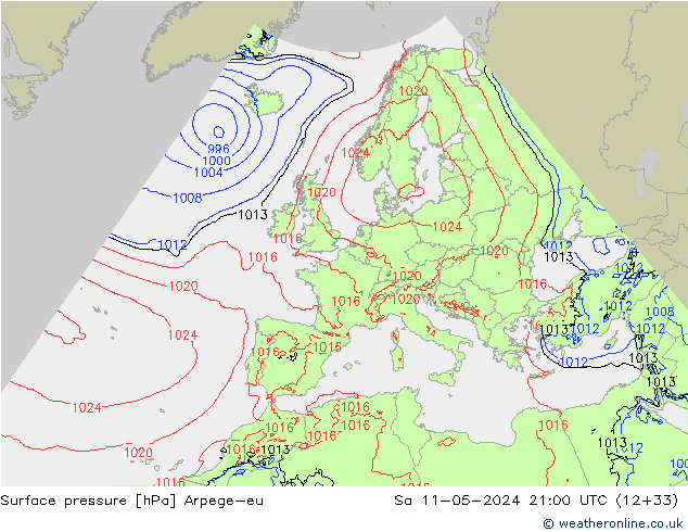 Pressione al suolo Arpege-eu sab 11.05.2024 21 UTC