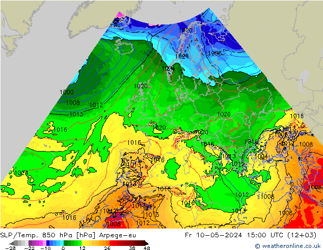 SLP/Temp. 850 hPa Arpege-eu vie 10.05.2024 15 UTC