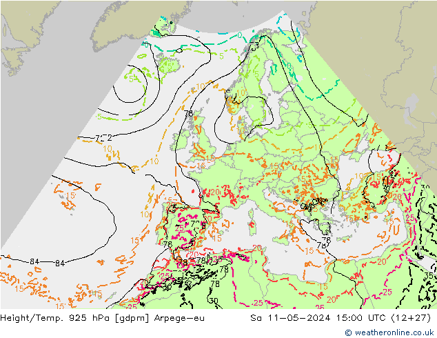 Height/Temp. 925 hPa Arpege-eu Sa 11.05.2024 15 UTC