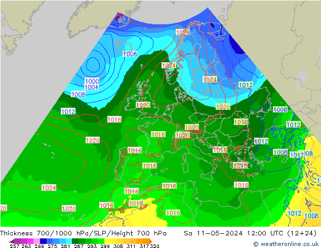 Schichtdicke 700-1000 hPa Arpege-eu Sa 11.05.2024 12 UTC