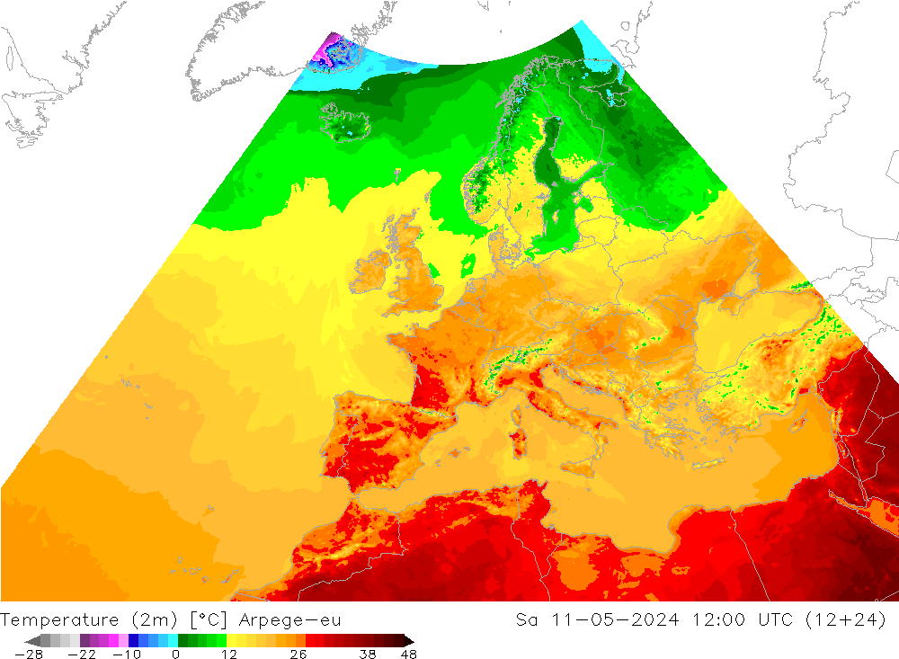 Temperaturkarte (2m) Arpege-eu Sa 11.05.2024 12 UTC