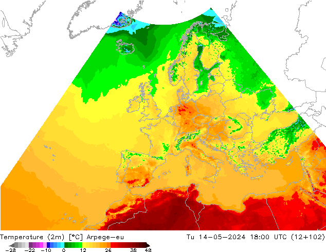 Temperature (2m) Arpege-eu Út 14.05.2024 18 UTC