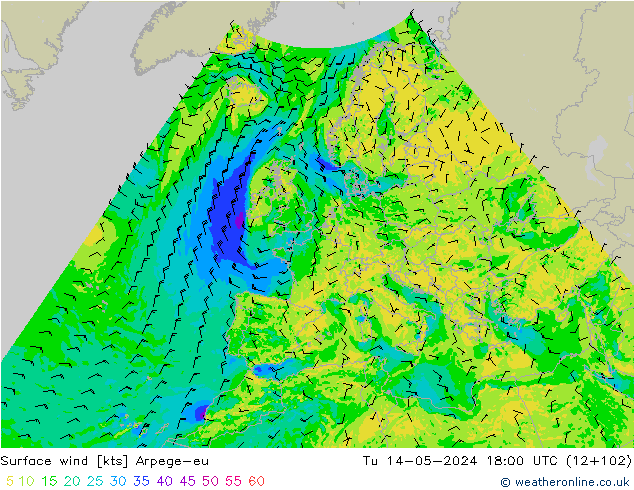 Surface wind Arpege-eu Tu 14.05.2024 18 UTC