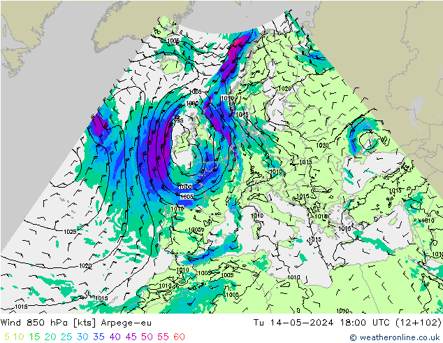 ветер 850 гПа Arpege-eu вт 14.05.2024 18 UTC