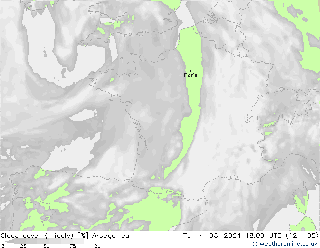 Cloud cover (middle) Arpege-eu Tu 14.05.2024 18 UTC