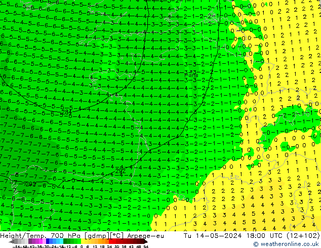 Height/Temp. 700 hPa Arpege-eu Tu 14.05.2024 18 UTC