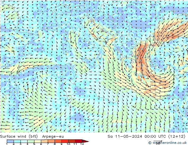 Wind 10 m (bft) Arpege-eu za 11.05.2024 00 UTC