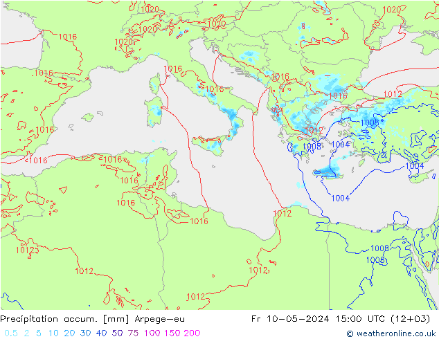 Totale neerslag Arpege-eu vr 10.05.2024 15 UTC