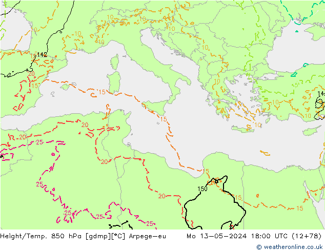 Height/Temp. 850 гПа Arpege-eu пн 13.05.2024 18 UTC