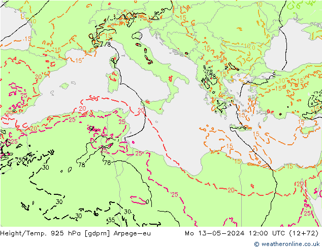 Yükseklik/Sıc. 925 hPa Arpege-eu Pzt 13.05.2024 12 UTC