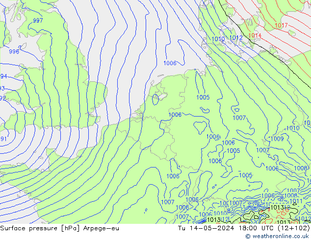 Surface pressure Arpege-eu Tu 14.05.2024 18 UTC