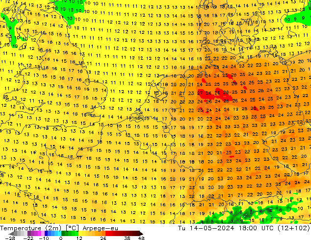 Temperatura (2m) Arpege-eu Ter 14.05.2024 18 UTC