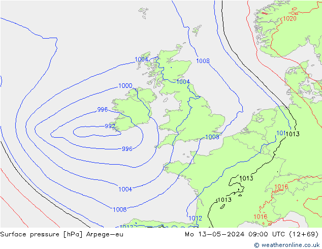 Surface pressure Arpege-eu Mo 13.05.2024 09 UTC