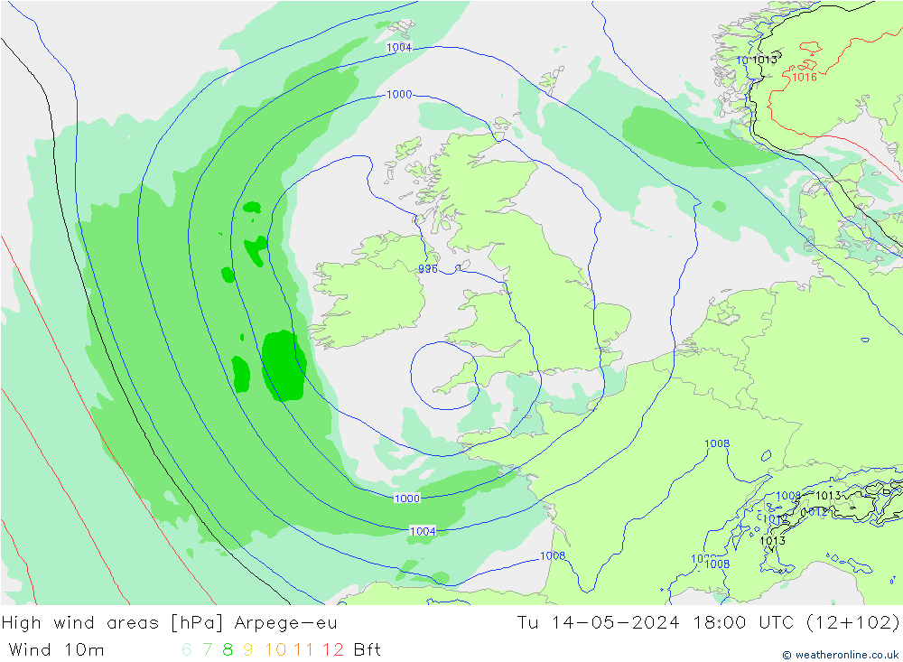 High wind areas Arpege-eu Tu 14.05.2024 18 UTC