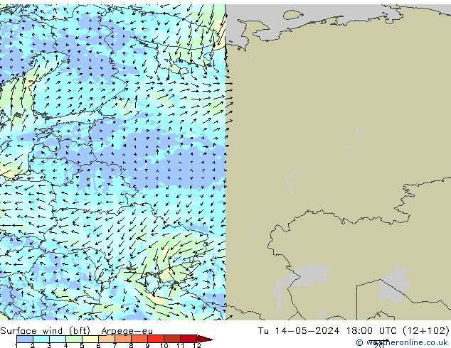 Vent 10 m (bft) Arpege-eu mar 14.05.2024 18 UTC