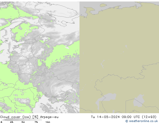 Cloud cover (low) Arpege-eu Tu 14.05.2024 09 UTC