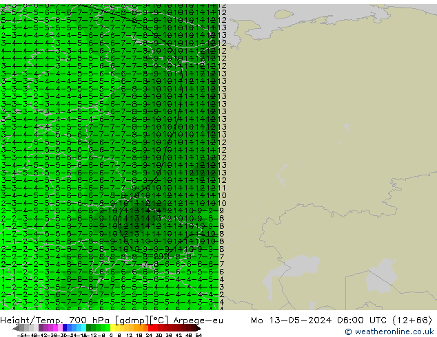 Height/Temp. 700 hPa Arpege-eu Seg 13.05.2024 06 UTC
