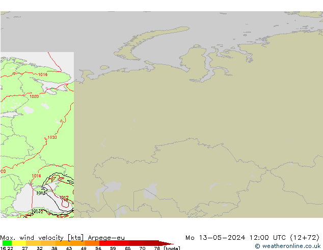 Max. wind velocity Arpege-eu lun 13.05.2024 12 UTC
