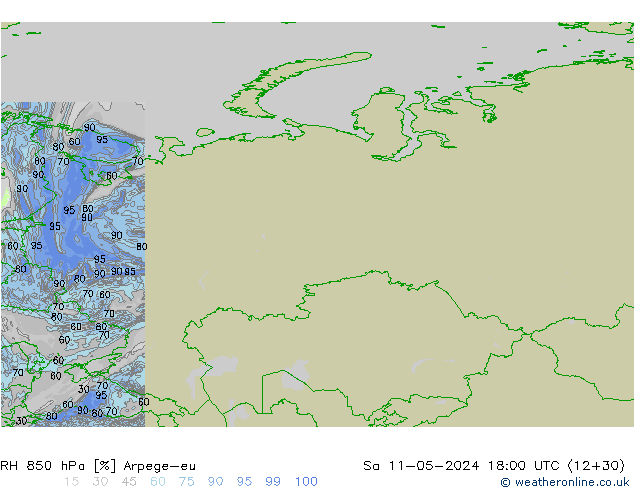 Humidité rel. 850 hPa Arpege-eu sam 11.05.2024 18 UTC